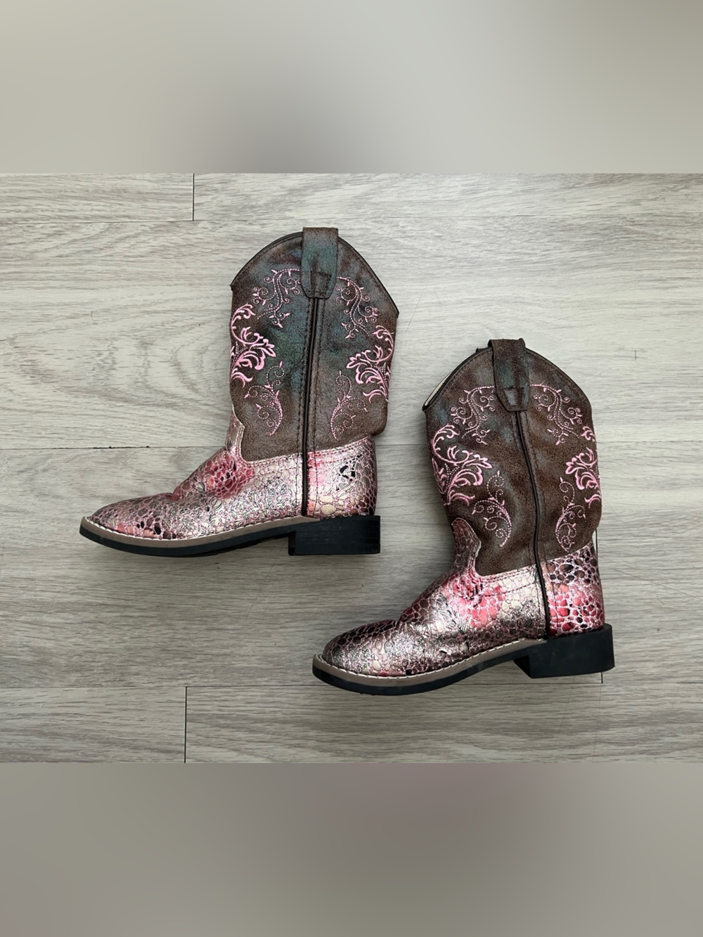 Shyanne Girls Western Cowgirl Boots Pink Brown Metallic Size 11